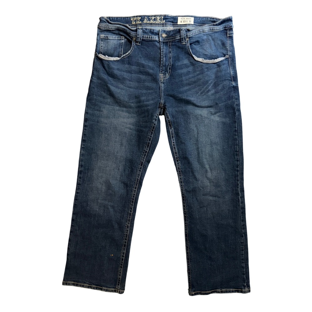 TK Axel Mens Slim Boot Jeans 40x32 Medium Wash Blue Embroidered Flap Pocket